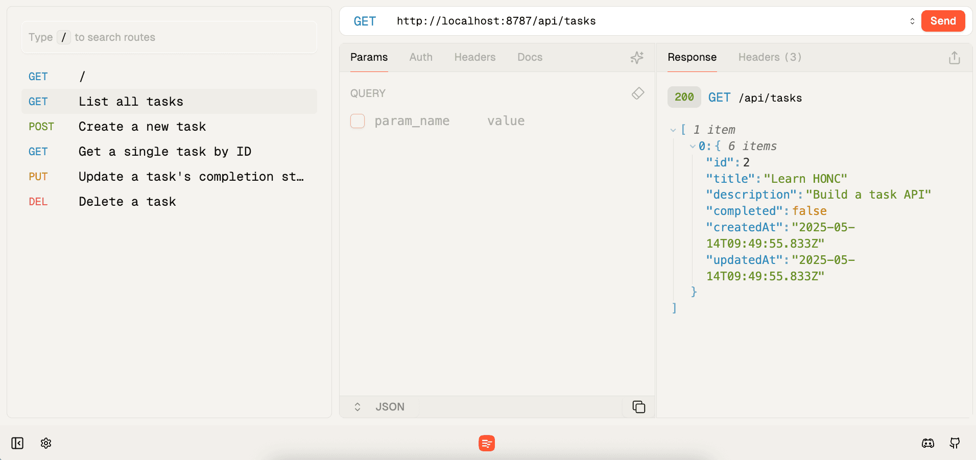 Fiberplane API Playground showing API endpoints for the HONC Task API