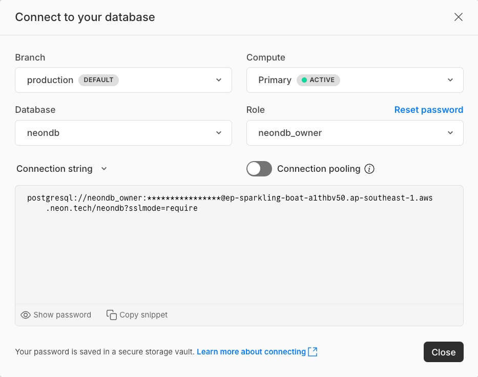 Neon direct connection string modal