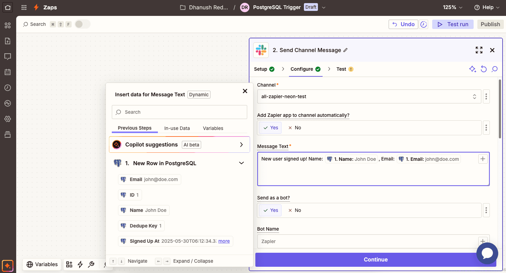 Slack action setup in Zapier