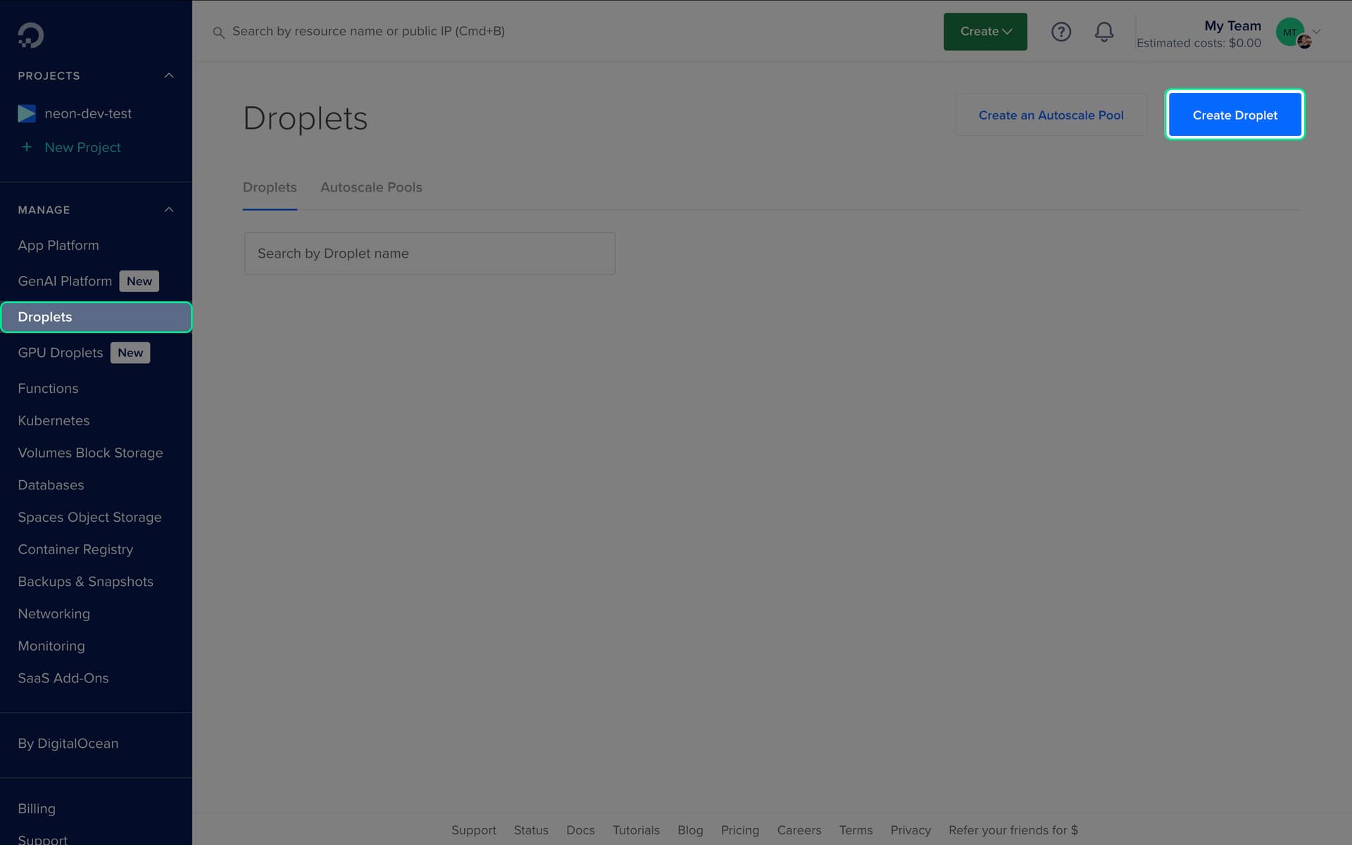 Screenshot of Digital Ocean Create Droploet